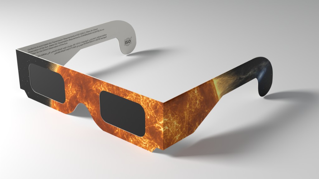 Sun-printed paper eclipse glasses, three-quarter view